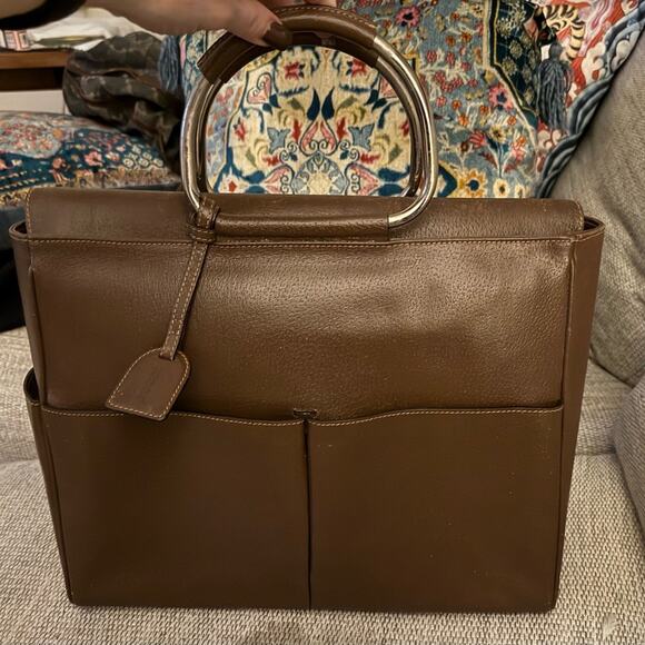 Gucci, Tom Ford era brown, leather tote w/circle top handles, 3 exterior pockets - Picture 1 of 10